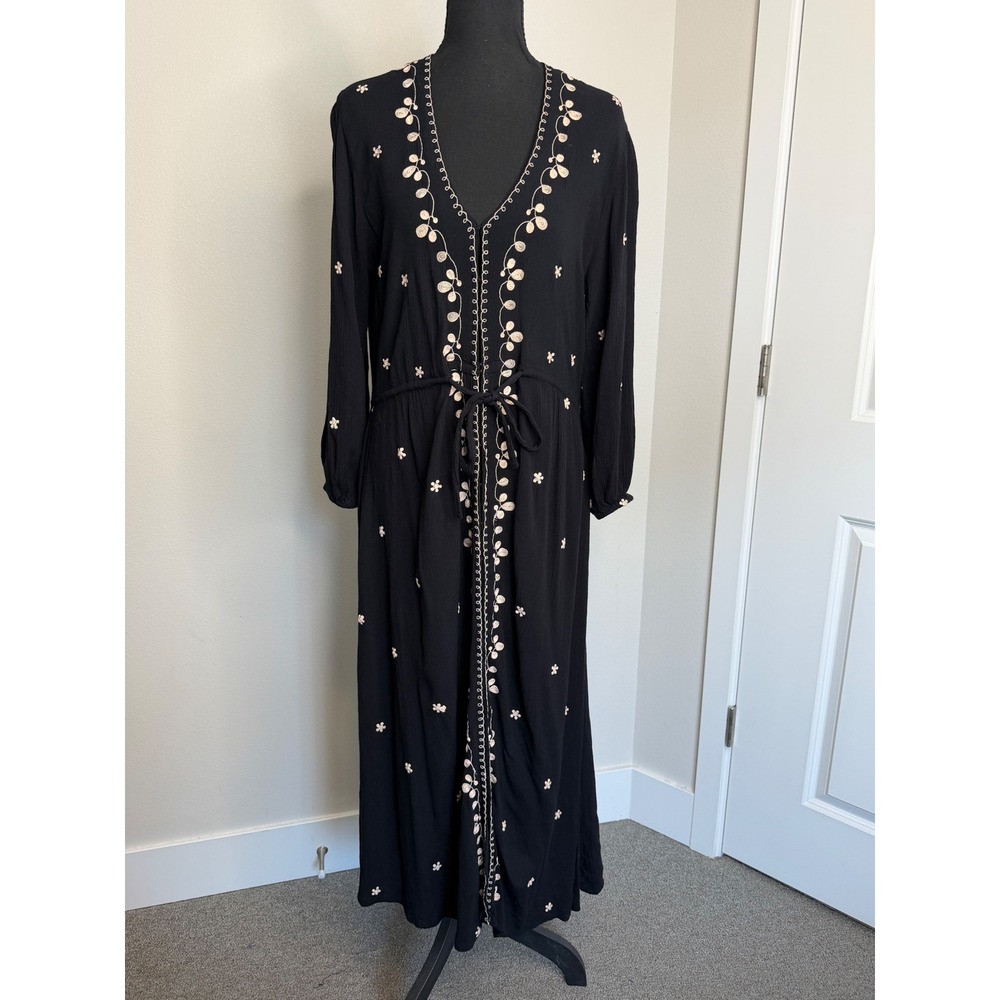 Natural Life Black Embroidered Boho Gauzy Maxi Dress XS V-Neck Long Sleeve